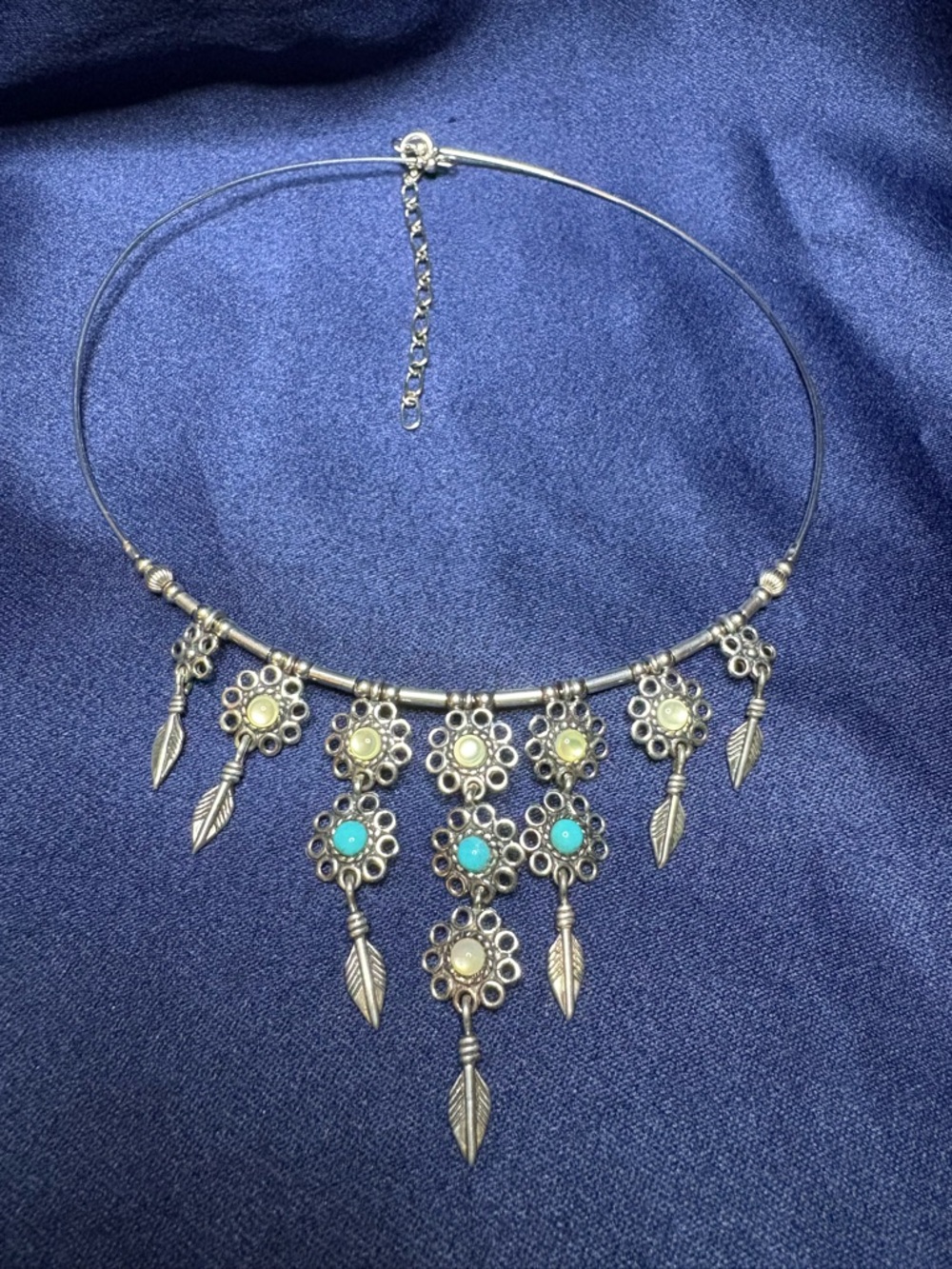 Necklace Artisan 925 Sterling Silver Floral Feather Turquoise Gemstone Choker - Picture 7 of 10